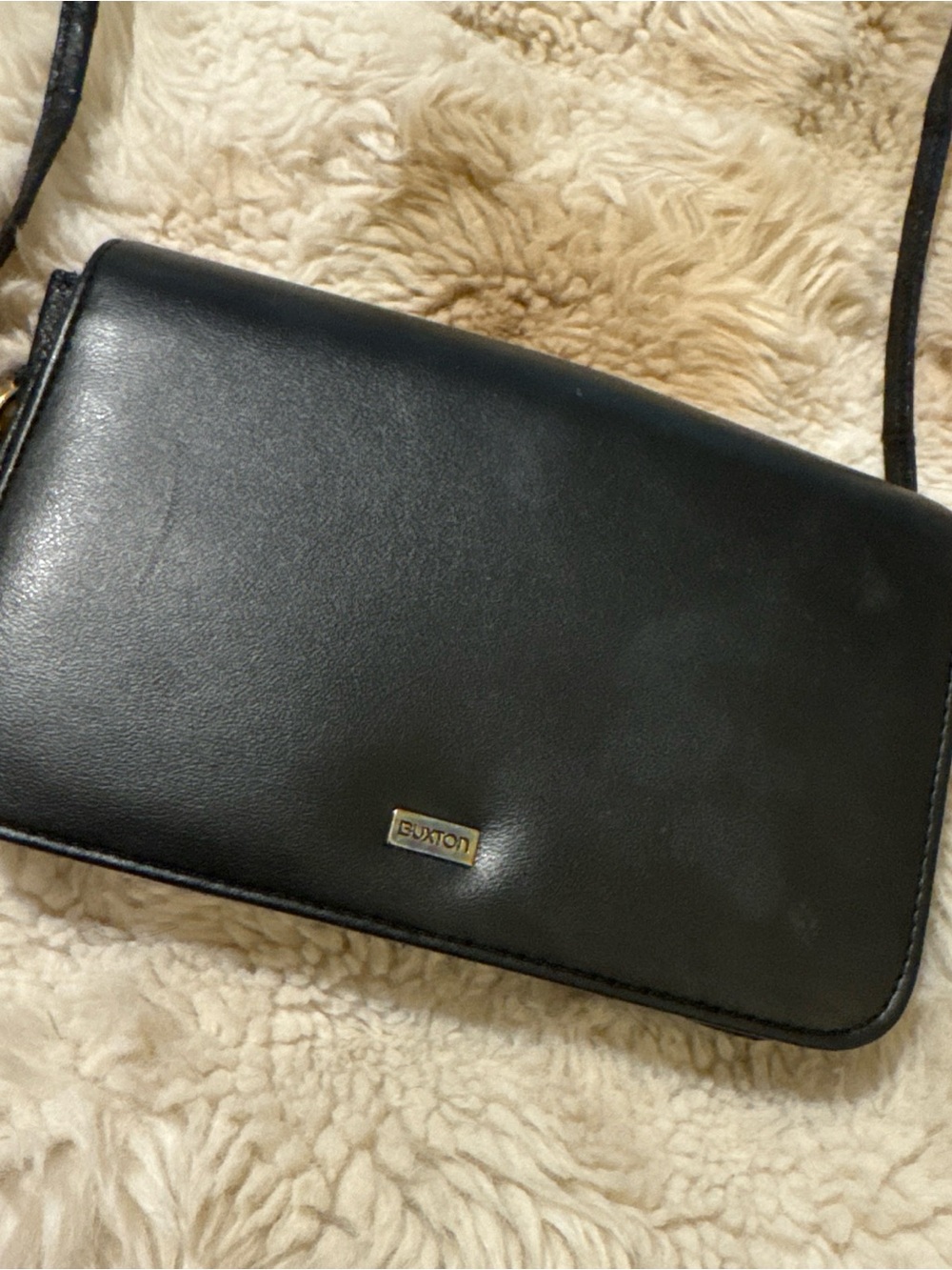 Buxton Black Leather Crossbody with Gold Logo Plaque